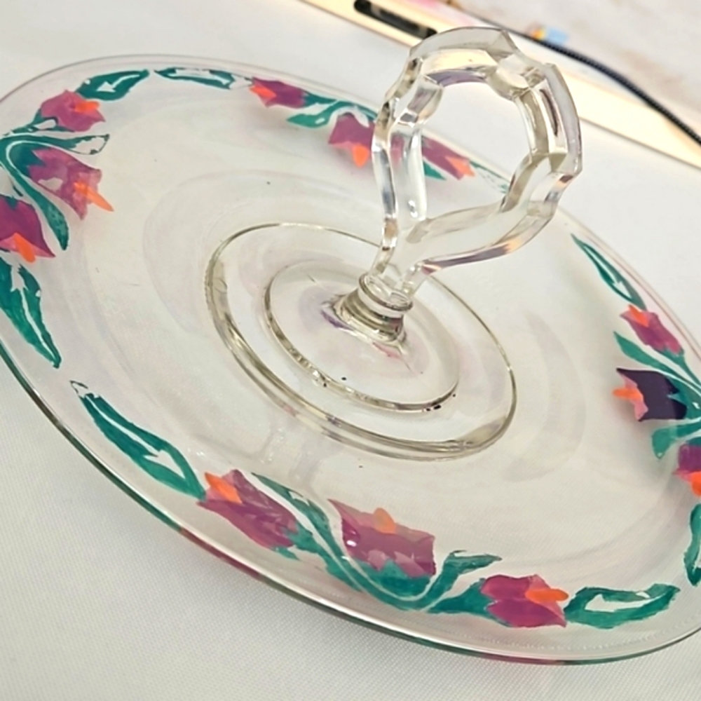 CLEARANCE 1940s Fleur Appetizer Serving Tray cut Glass handle Handpainted